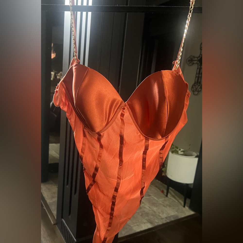 Rue21 Orange Satin Plunge Bodysuit with Chain Straps
